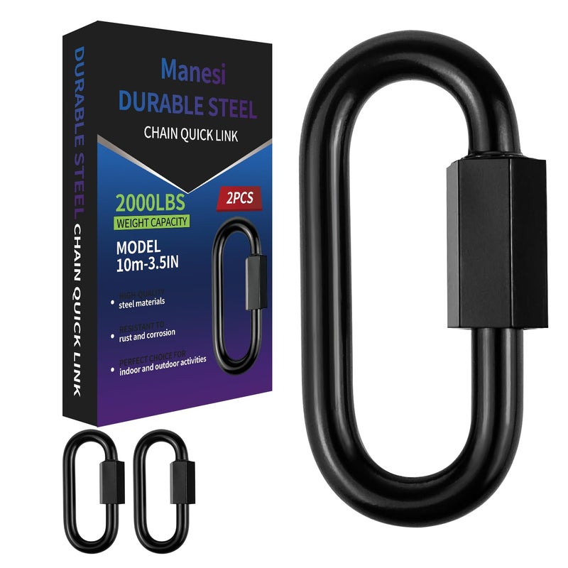 Manesi Chain Link, 3.5 inch Black Quick Link, 2 Pack 3/8" Locking Carabiner, Portable Chain Connector, Metal Heavy Duty Carabiner for Hanging Keys, Dog Leash, Fence Gate, 2000 Lbs Capacity - Image 1